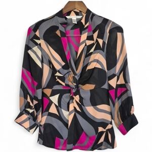 Diane Von Furstenburg Silk Ruched V Neck Pull On Blouse Size 4